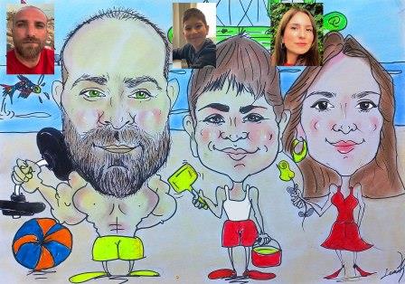 Denizde aile portre karikatür